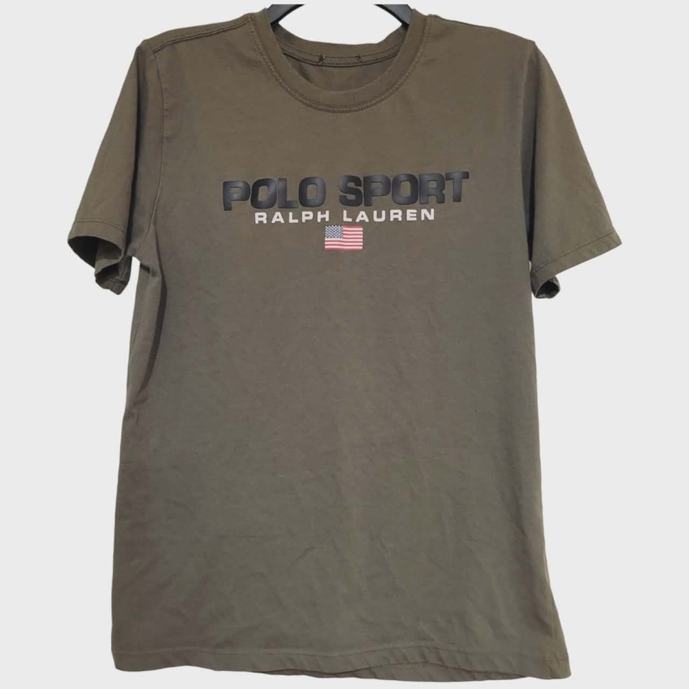 Ralph Lauren Sport Army Green American Flag Graphic Tee Medium 100% Cotton
